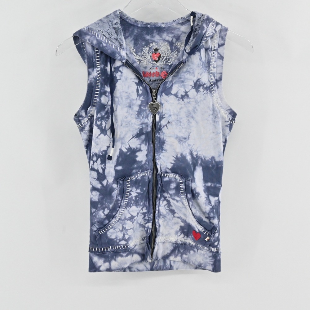 Twisted Heart Peace‎ Sign Sleeveless Hoodie Womens Size XS Blue Tie Dye Y2K Lace